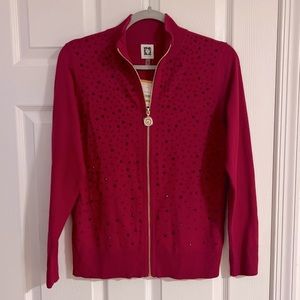 Anne Klein Jeweled Zipper Sweater - Red/Black - Small